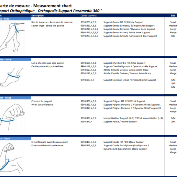 Measurement chart - Orthopedic Support Paramedic 360 ˚