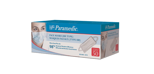 Box of 50 surgical masks made by Paramedic Canada Inc.